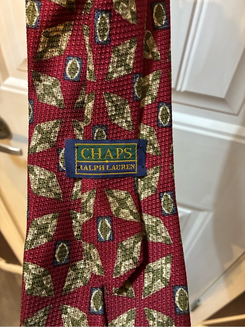 Chaps Red Tie with Olive and Navy Geometric Motif